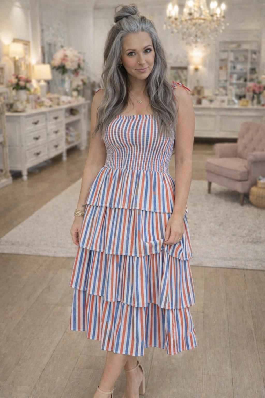 Red, White & Blue Striped Tiered Smocked Dress