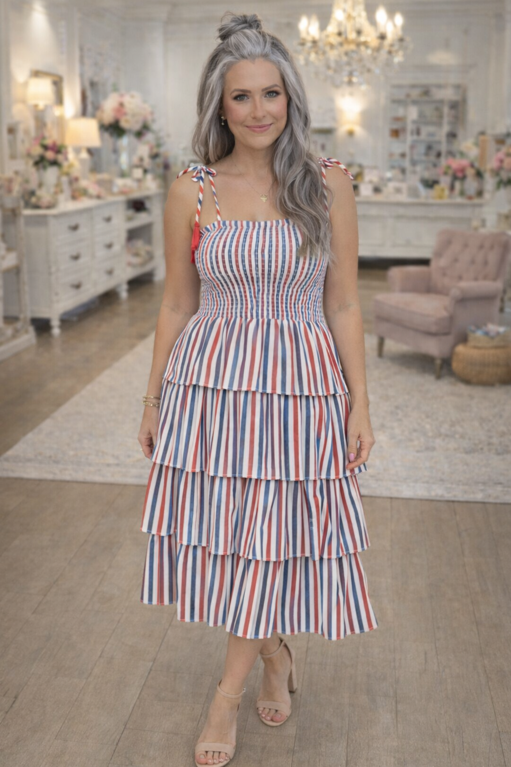 Red, White & Blue Striped Tiered Smocked Dress